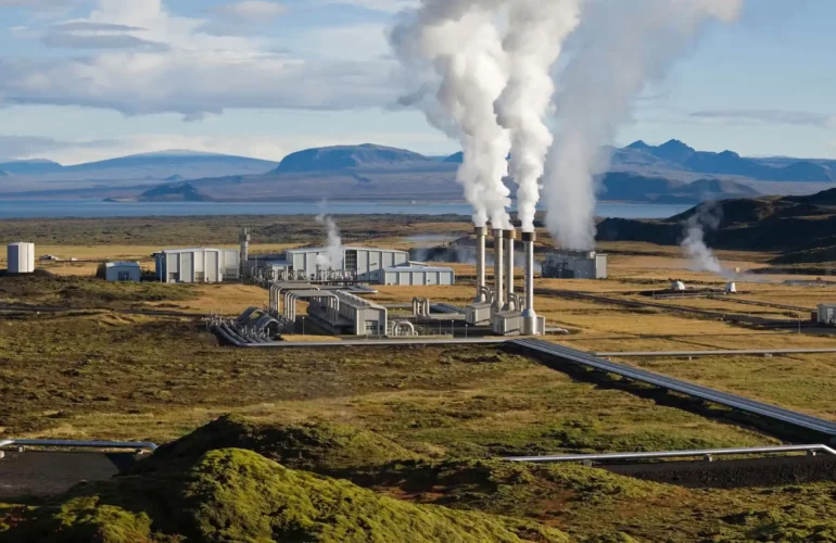 A geothermal power plant with steaming chimneys